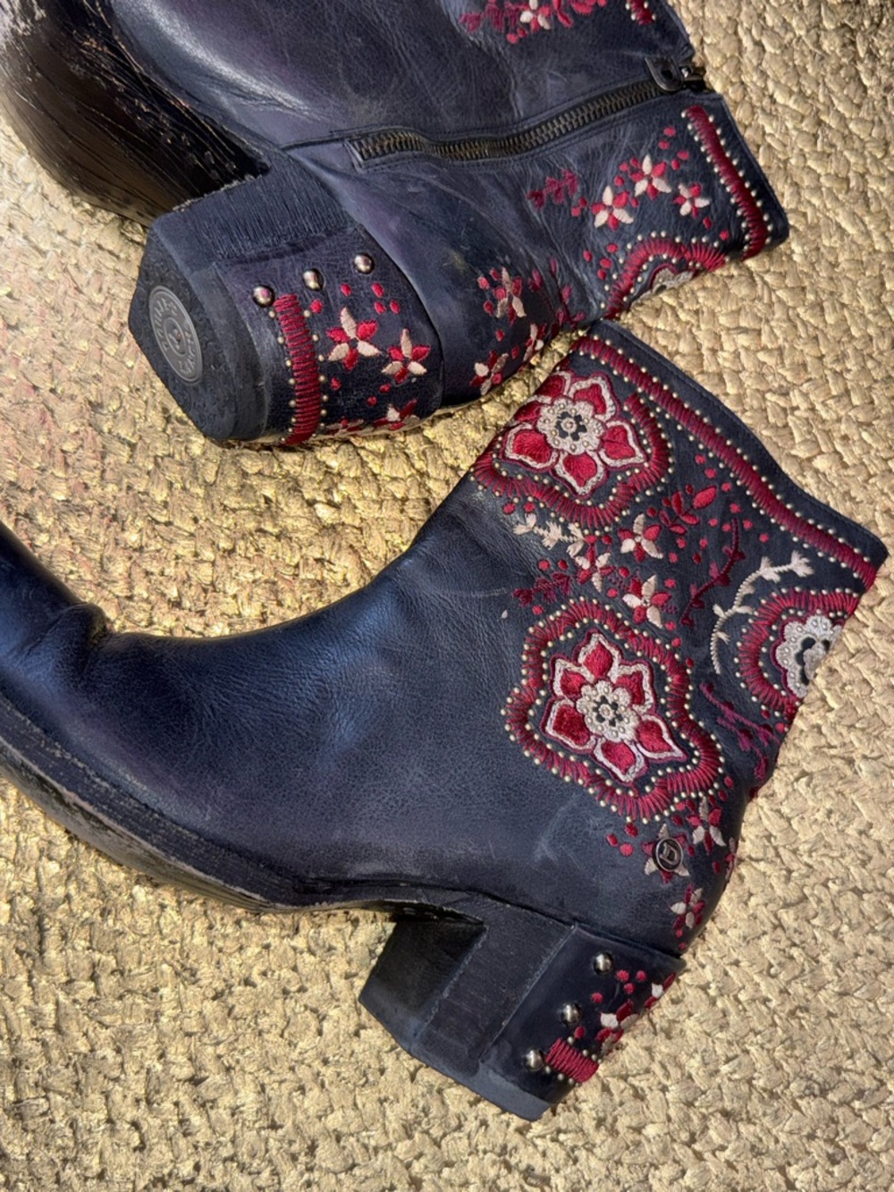 Old Gringo Navy Leather Ankle Boots with Red Floral Embroidery - Picture 2 of 10